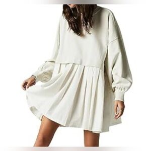 Cream Long-Sleeve Pleated Swing Dress